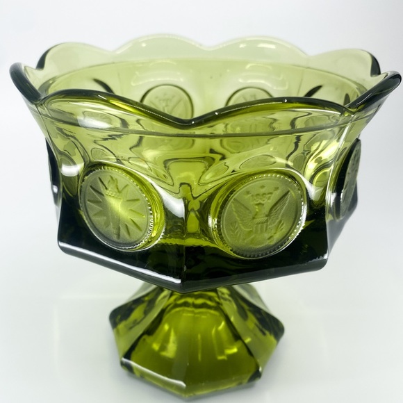 Vintage 1960s Fostoria Green Wedding Compote Bowl Coin Dot Glass - Picture 3 of 10